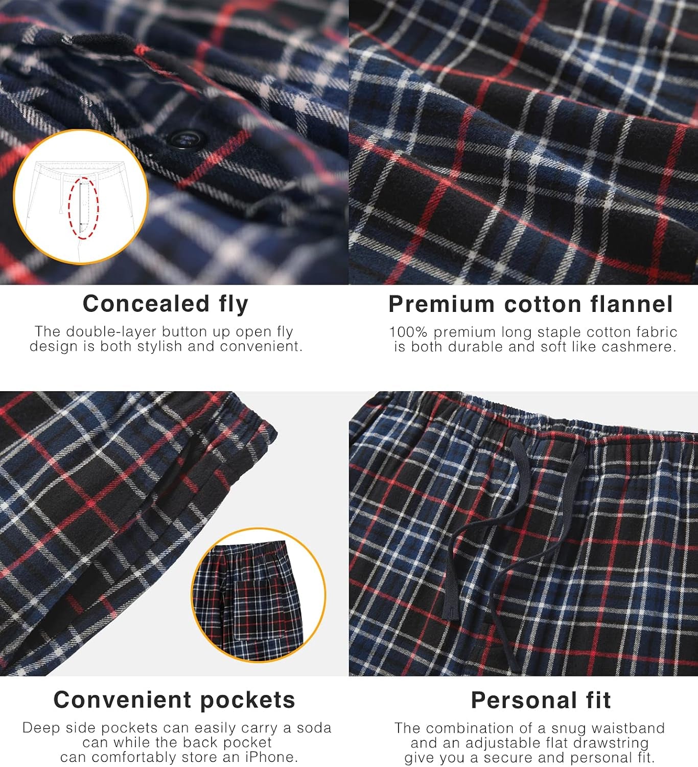 Men'S Pajama Pants Cotton Flannel Plaid Lounge Fleece Warm Sleepwear Pants PJ Bottoms Drawstring and Pockets M39/M128