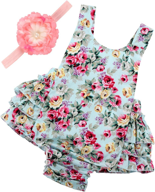 Baby Girl'S Floral Print Ruffles Romper Summer Clothes