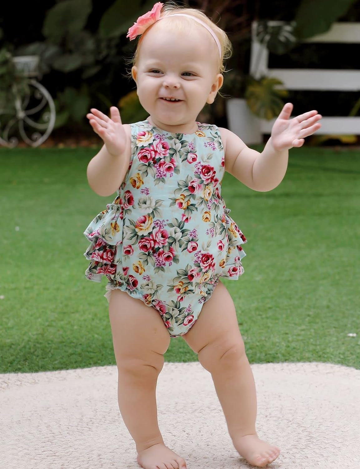 Baby Girl'S Floral Print Ruffles Romper Summer Clothes